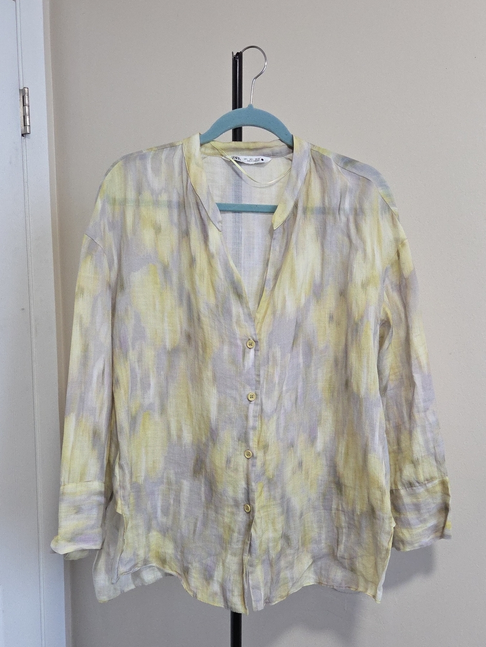 Zara Yellow and Gray Watercolor Button-Down Shirt